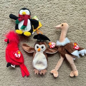 TY Beanie Babies NWT Plush Lot 4 Vintage Owl Penguin Cardinal Ostrich Toys
